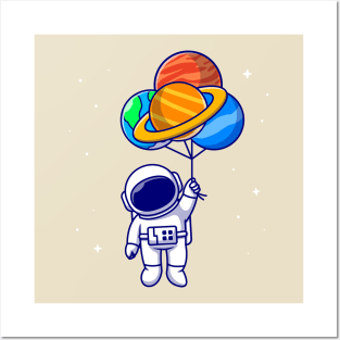 Cute Astronaut Floating With Planet balloons In Space  Cartoon Posters and Art